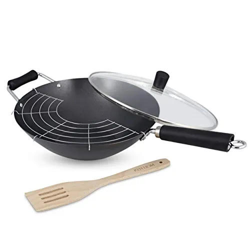 Ken Hom Carbonstahl Wokpfanne Set 31cm - Excellence - Pfanne für alle Herdarten, inklusive Induktion, mit dreilagiger Antihaftbeschichtung für gesundes Kochen mit weniger Öl. Spülmaschinenfest und 5 Jahre Garantie!
