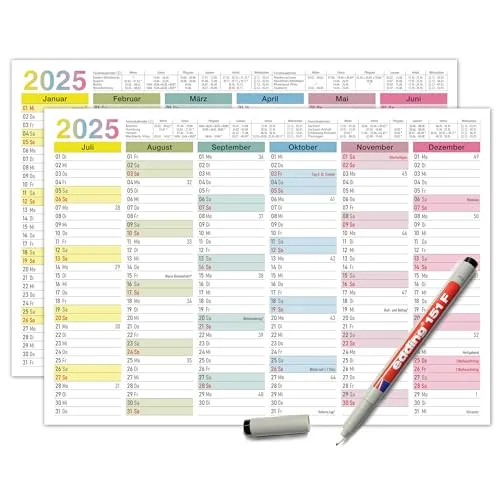 TOBJA abwischbarer Wandkalender 2025 A4 - "Bunter" Jahresplaner 2025 abwischbar, inkl. Stift. Tafelkalender 2025, Robuster Kalender A4 (abwischbar +1 Stift)