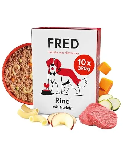 FRED Nassfutter für Hunde – Rind mit Nudeln – Monoprotein – 50 % Rindfleisch - Leckeres Nassfutter mit 50 % hochwertigem Rindfleisch und gesunden Nudeln. Ideal für empfindliche Hunde dank der Monoprotein-Rezeptur. Praktische Tetra Pak Verpackung für einfache Portionierung.
