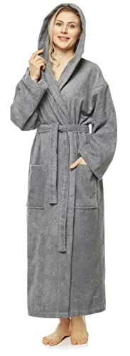Arus Damen-Bademantel mit Kapuze, knöchellang, Baumwolle, L-XL, Grau - Kapuzen-Bademantel aus 100% Baumwolle, wadenlang und mit zwei großen Taschen. Ideal für Spa, Sauna oder als Morgenmantel, bietet er hohen Komfort und praktische Nutzung für jeden Anlass.