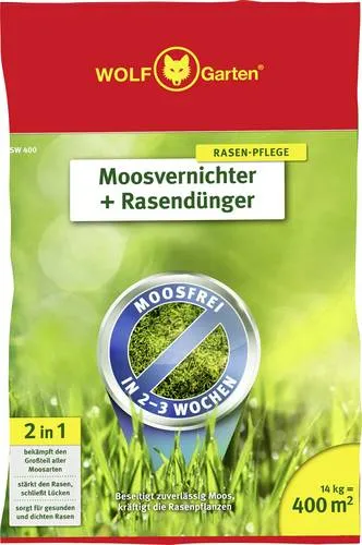 WOLF-Garten 2-in-1 Moosvernichter & Rasendünger 400 m² - Effektive Lösung gegen Moos und Unkraut für einen perfekten Rasen. Der 2-in-1-Dünger fördert das Wachstum und sorgt für eine satte grüne Farbe innerhalb von 7 Tagen.