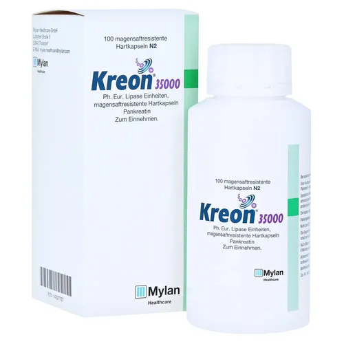 Kreon 35.000 Ph. Eur. Lipase Einheiten Hkm 100 ST - Arzneimittel zur Behandlung der exokrinen Pankreasinsuffizienz, verbessert die Verdauung durch magensaftresistente Pellets für eine gezielte Freisetzung im Darm.