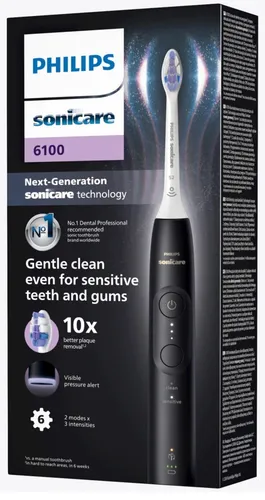 Philips Sonicare 6100 Schallzahnbürste - Elektrische Zahnbürste mit 3 Intensitätsstufen und Andruckkontrolle für ein sanftes, effektives Putzerlebnis. Ergonomisches Design und inkl. Ersatzköpfe.