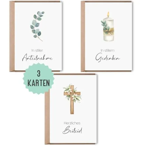 Beileidskarten mit Umschlag | Set Trauerkarte für Beerdigung | Premium Karten Anteilnahme | Klappkarten Beileid bekunden Glückwunschkarten (Trauer) 3 x