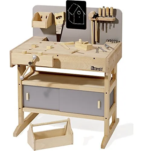 howa Massive Werkbank Kinder aus Hartholz - Verstellbare Höhe für kleine Handwerker - Kunststoffspielzeug: Robuste Kinderwerkbank aus Hartholz mit 32 Werkzeugen und verstellbarer Arbeitshöhe von 58-73 cm - ideal zum Fördern kreativer Fähigkeiten.