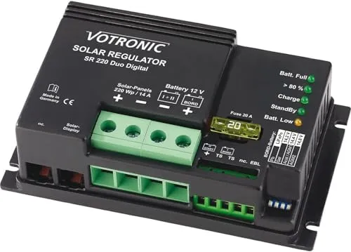 Votronic Laderegler PWM SR 220 - Solarladeregler für Solarmodule bis 220 Watt, ideal für Blei-, AGM-, Gel- und LiFePO4-Batterien, lädt Start- und Gehäuse-Batterien gleichzeitig auf.