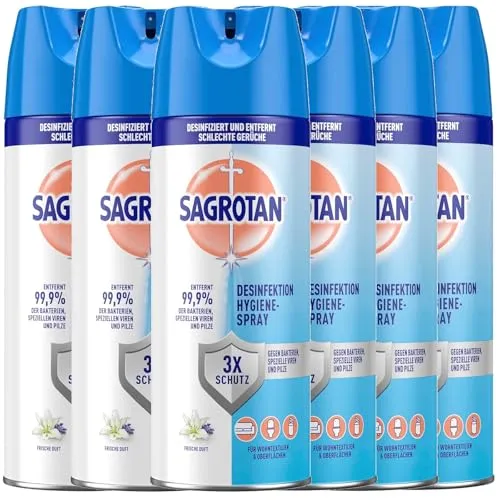 SAGROTAN Hygiene-Spray Aerosol 6 x 400ml – Oberflächen-Desinfektionsmittel - Effektives Hygiene-Spray für Oberflächen und Textilien, entfernt 99,9% der Bakterien und unangenehme Gerüche in Sekundenschnelle. Ideal für den täglichen Einsatz in Küche und Bad.