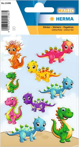 HERMA Sticker MAGIC "kleine Dinos" aus Glitterfolie matt 1 Blatt à 9 Sticker