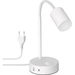 ledscom.de Tischleuchte WAIKA, weiß mit USB-A und USB-C - Moderne Tischleuchte mit 3-Stufen-Dimmer und GU10 LED Lampe. Praktische Ladefunktion für Geräte und energieeffizient mit 609lm bei nur 6,1W.