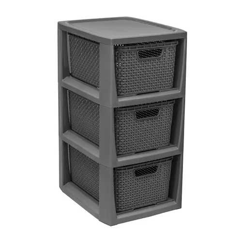 Regal mit 3 Boxen Rattan grau BRANQ - Stylisches Rattan-Regal mit 3 Boxen, ideal für Ordnung in Schlafzimmer, Flur oder Badezimmer. Mit kompakten Maßen passt es perfekt in kleine Räume.
