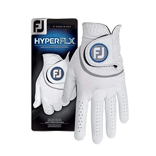 FootJoy HyperFLX Herren-Golfhandschuh, Weiß - Hochwertiger Golfhandschuh aus Cabretta-Leder für optimalen Grip und Tragekomfort. Mit patentierten Mikroperforationen und atmungsaktivem Mesh für ein angenehmes Spiel. Der Klettverschluss sorgt für eine perfekte Passform.