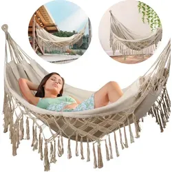 Outtec Hängematte im Boho-Stil, Beige - Hängematten & Hängestühle, XXL-Hängematte für 2 Personen, belastbar bis 200 kg, ideal für Garten und Balkon, einfache Montage und hochwertiger Baumwollstoff.