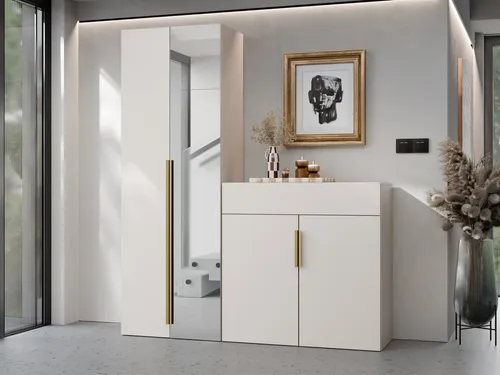 MIRJAN24 Garderoben-Set Kerkin II, 2er-Set mit Kleiderschrank und Kommode - Modernes Garderoben-Set Kerkin II mit einem Kleiderschrank (70x200x42 cm) und einer Kommode (100x100x42 cm). Stilvolle Goldgriffe und ein praktischer Frontspiegel sorgen für Eleganz und Funktionalität im Flur.