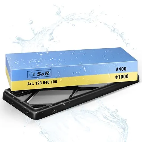 S&R Schleifstein Set – Messerschleifstein & Wetzstein für Messer – Doppelseitiger Sharpening Stone 400/1000 & Schleifhilfe – Knife Sharpener Stone & Abziehstein zum Messer schärfen, Whetstone