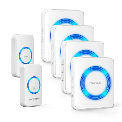 TECKNET Funkklingel, IP65 Funk klingel Set Aussen Wasserdicht, Kabellose Türklingel 600m Reichweite, Haustür Klingel 2 Sender 4 Plug-In-Empfänger, 60 Melodien Doorbell und Klingelknopf Mit LED-Blitz