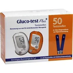 Gluco Test Plus Blutzuckerteststreifen - Blutzuckermessgeräte - Zuverlässige Teststreifen für das TD-4230 Gerät, schnelle Ergebnisse in nur 7 Sekunden und einfache Handhabung für eine effektive Diabetes-Therapie.