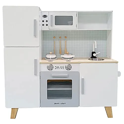 Bandits & Angels Holz-Kinderküche XL Modern Weiß/Grau - Geräumige Spielküche mit Thekenhöhe 52 cm und realistischen Funktionen. Inkl. 5 Zubehörteilen für kreatives Spielen und Kochen. Modernes Design für jeden Spielraum.