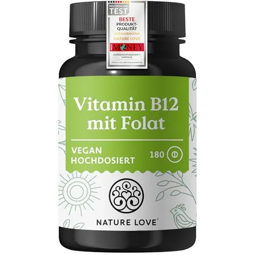 Vitamin B12 mit Folat 180 Tabletten - Nature Love - Nahrungsergänzungsmittel mit 180 Tabletten, unterstützt die normale Funktion des Nervensystems und ist rezeptfrei erhältlich.