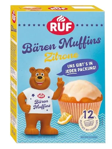 RUF Bärchen Muffins Zitrone - Backmischung für fruchtige Muffins mit Sammelfigur - Jede Packung enthält eine liebevolle Bärchenfigur aus der Rufus Family, die Kinder begeistert. Backe 12 saftige Zitronenmuffins mit einfacher Zubereitung – ideal für Familien-Events und gemeinsame Backstunden.