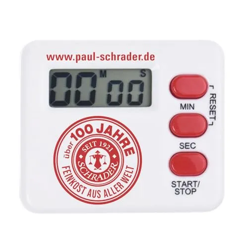 Schrader Tea Timer 100 Jahre Schrader - Weiß - Vielseitiger Timer für präzise Tee-, Back- und Kochzeiten bis 99 Minuten. Mit praktischem Clip und Magnet für einfache Handhabung. Kompakt mit 5 cm Höhe und 6 cm Breite, inklusive Knopfzelle.