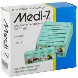 Medi 7 türkis - Tablettensortierer - Arzneimittel zur einfachen Dosierung von Tabletten, mit 7 Fächern für jeden Tag und Unterteilung in vier Tageszeiten für mehr Übersichtlichkeit.
