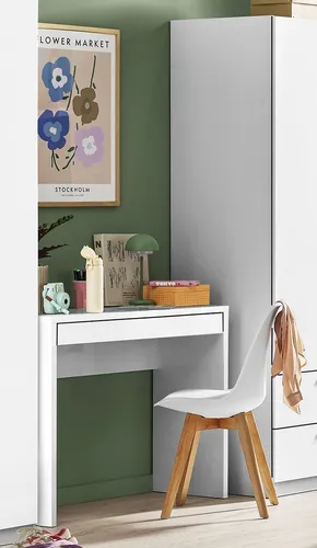 Schreibtisch Espresso Weiß - Moderner Arbeitsplatz - Kinderschreibtische mit puristischem Design, vielseitig als Schreibtisch oder Schminktisch nutzbar. Die grifflose Schublade bietet viel Stauraum für Unterlagen und Kosmetik.