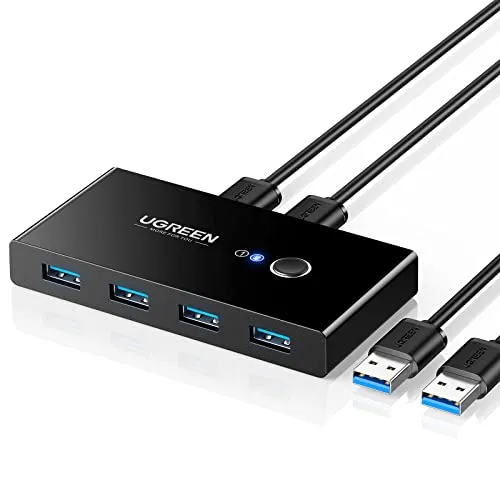 UGREEN 2-IN-4 Out KVM USB 3.0 Switcher - USB-Hub für 2 Computer, ermöglicht einfachen Wechsel zwischen 4 Ausgabegeräten und bietet hohe Übertragungsgeschwindigkeiten dank USB 3.0.