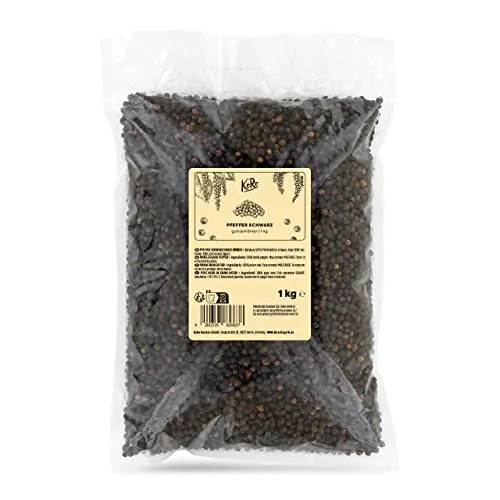 KoRo - Schwarzer Pfeffer ganze Körner 1 kg - Ungemahlene Kräuter & Gewürze, naturbelassener schwarzer Pfeffer für volle Schärfe und frisch gemahlenen Geschmack – ideal für vegane und vegetarische Gerichte.