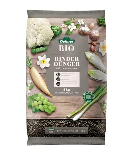 Dehner Bio Rindervolldünger 5 kg, natürlicher Hochwertdünger für den Garten - Hochwertiger organischer Dünger mit Regenwurm-Humus für optimale Nährstoffversorgung. Ideal für ca. 30 qm Gartenfläche, umweltfreundlich und sicher in der Anwendung.