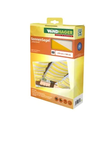 Windhager Sonnensegel 270x140 cm, Gelb - Rechteckiger Sonnenschutz - Sonnenschutz für Terrasse, Balkon und Garten, wind- und wasserabweisend sowie UV-Schutz. Einfach zu reinigen und verschiebbar für optimalen Schatten.