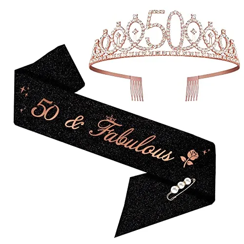 50. Geburtstags Tiara, 50 & Fabulous Geburtstags-Krone Schärpe Set, 50 geburtstag deko, geschenke zum 50 geburtstag frau (Rosegold)