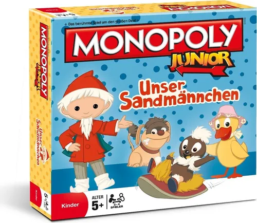 Monopoly Junior Unser Sandmännchen - Brettspiel mit 4 extra Figuren - Gesellschaftsspiel für 2-4 Spieler ab 5 Jahren, inklusive 4 hochwertigen 3D-Spielfiguren und einem aufregenden Abenteuer im Traumland.
