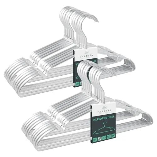 Parusia Kleiderbügel Silber, 42cm - Platzsparende Aufbewahrung - Klassische Kleiderbügel aus rostfreiem Metall, ideal für faltenfreie Aufhängung von Kleidung. Mit breitem Hosensteg und Schulterauflage für perfekte Organisation im Kleiderschrank.