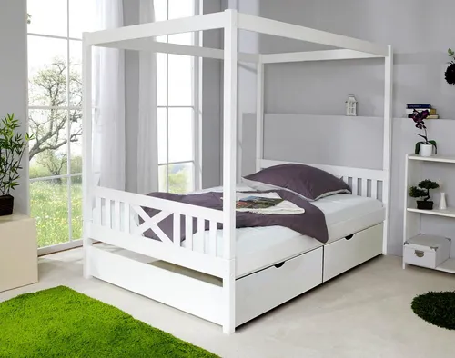 Ticaa Himmelbett Lino mit Schubkasten - Himmelbett aus massivem Kiefernholz, inklusive abnehmbarem Dachgestell und praktischem Stauraum durch Schubkästen – ideal für ein stilvolles und ordentliches Schlafzimmer.