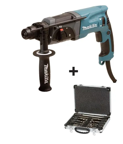 Makita HR2470 SDS+ Bohrhammer mit Bohrer-Meißel-Satz - Bohrmaschine für Profis: 780 Watt Leistung, schnurgebunden, inklusive Zubehörset und praktischem Gerätekoffer – ideal für anspruchsvolle Bauprojekte.