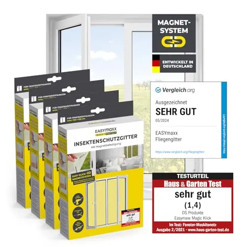 EASYmaxx Insect Protect Fliegengitter Fenster mit Magnetbefestigung - Fliegengitter für Fenster bis 110 x 130 cm, mit einfacher Montage dank Magnet-Klick-System und optimaler Sicht, schützt effektiv vor Insekten.