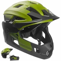 Crazy Safety Grüner Fullface Helm – 2-in-1 Kinderhelm für BMX und Mountainbike - Vielseitiger 2-in-1 Helm mit abnehmbarem Kinnschutz für optimalen Schutz beim Radfahren. Perfekte Passform durch Einstellrad, gute Belüftung und waschbare Polster für maximalen Komfort.