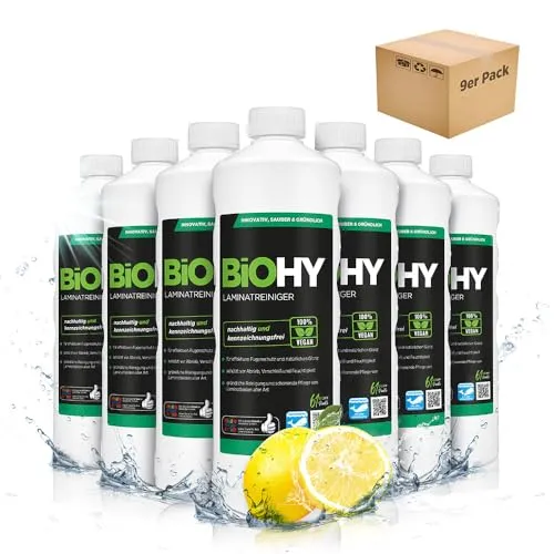 BiOHY Laminatreiniger (9 x 1 Liter) | 2 in 1 Laminatpflege & Reinigungsmittel | reinigt gründlich, schonend & reduziert Wiederverschmutzung | für eine streifenfreie Reinigung | tierfreundlich