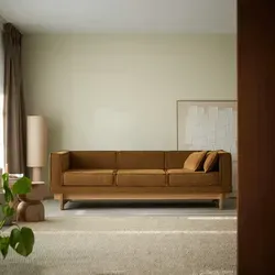 Miu- Sofa aus  Eichenholz und ockerfarbenem Stoff, 3-Sitzer