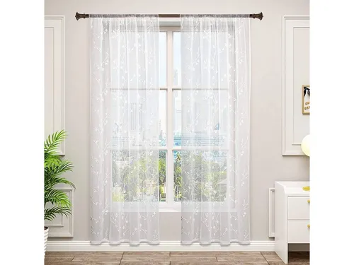 Woltu Gardine, halbtransparent, mit Stickerei, 2 Stück - Fertiggardinen in Leinenoptik, elegant und pflegeleicht, ideal für jedes Wohnambiente, Maße: 140 cm x 175 cm, 100 % Polyester.