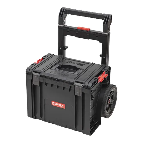 Qbrick System PRO Cart 2.0 Plus - Stapelbarer Werkzeugwagen - Werkstatteinrichtung mit 29 l Volumen, IP54 Schutz und abnehmbarem Doppelteleskopgriff für maximale Flexibilität und einfache Handhabung.