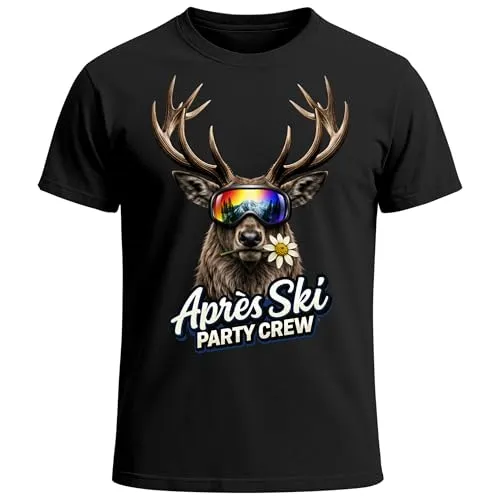 MoonWorks® Herren T-Shirt Après-Ski Party Crew Hirsch Aufdruck Grafik Printshirt Statement Männer Winter Schwarz L