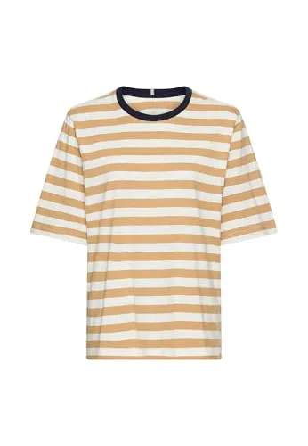 camel active Damen T-Shirt mit Streifenmuster Karamell - Womenswear T-Shirt aus weicher Baumwolle mit Rippkragen für Formstabilität, ideal für einen entspannten Look im Alltag.