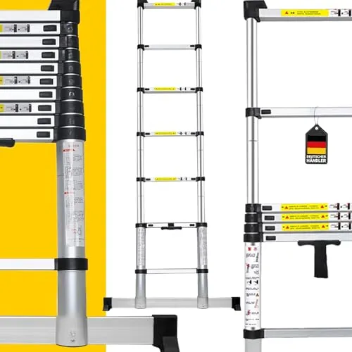 Teleskopleiter Alu Multifunktionsleiter 150 kg - Vielzweckleiter aus eloxiertem Aluminium, bis 5.37 m Reichhöhe, tragbar und wetterfest. Inklusive hochwertiger Tragetasche und 3 Jahre Herstellergarantie - ideal für Zuhause und Profis!