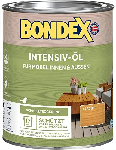 Bondex Intensiv-Öl Lärche 750 ml - Wasserbasiertes, schnelltrocknendes Öl für Möbel und Holzoberflächen. Schützt effektiv vor UV-Strahlung und erhält das Erscheinungsbild des Holzes. Ideal für Innen- und Außenbereich.