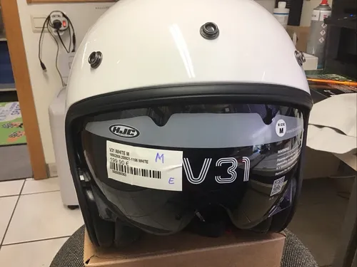 HJC V31 Solid Retro Jethelm, Weiß, Größe M für Männer - Motorradhelm mit fortschrittlicher Glasfaserverbundschale und verstellbarem, getöntem Sonnen-Visier für optimalen Schutz und Komfort.