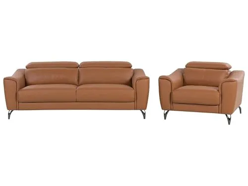 Beliani Ledersessel Narwik – modernes Wohnzimmer-Set in Goldbraun - Elegantes Wohnzimmer-Set in Goldbraun mit verstellbaren Kopfstützen für optimalen Sitzkomfort, ideal für moderne und stilvolle Einrichtungen.