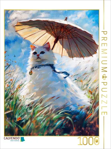 CALVENDO Puzzle Katze auf Wiese mit Sonnenschirm im impressionistischen Stil | 1