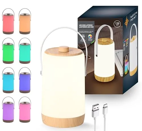 Northpoint LED Akku Laterne - Dimmbare Innen- und Außenbeleuchtung - Außenlaterne mit Akku, dimmbarer warmweißer und RGB-Beleuchtung, Soundsensor für Lichteffekte. Praktischer USB-C-Anschluss für schnelles Aufladen und flexibles Design.