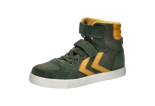 Hummel SLIMMER STADIL HIGH JR - LAUREL WREATH - 28 - Sneaker aus bequemem Canvas mit WildKunstleder-Einsätzen, gepolsterten Bündchen und elastischen Schnürsenkeln für einfaches An- und Ausziehen – ideal für aktive Kinder.